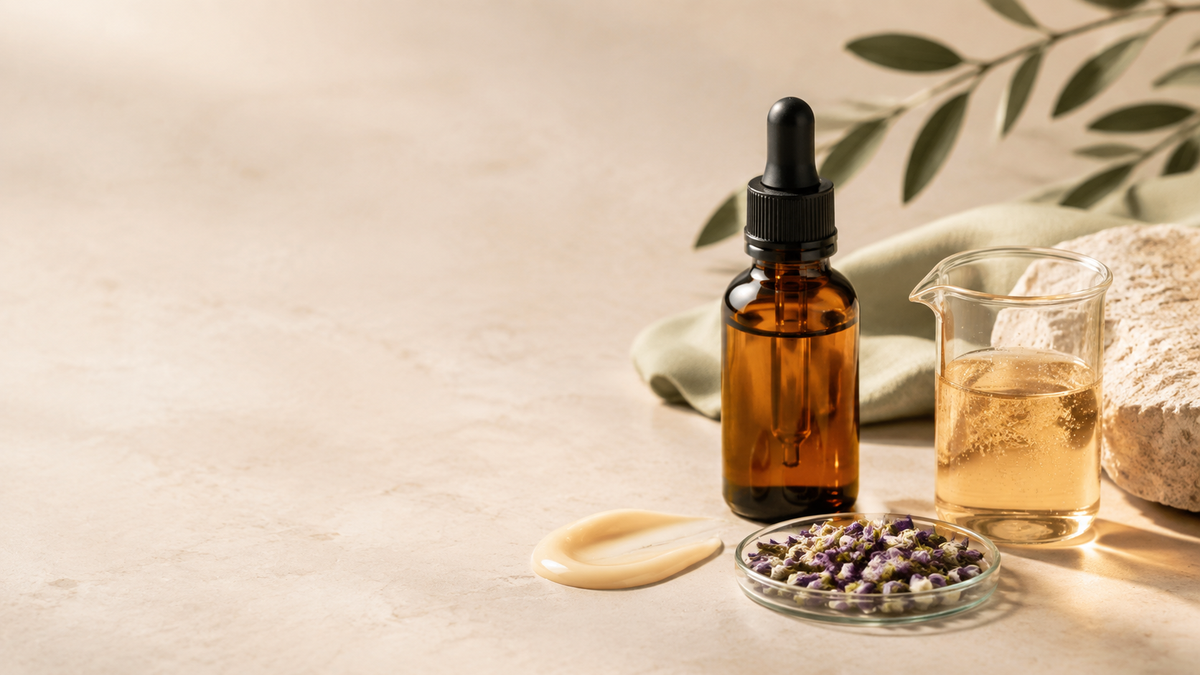 Amber bakuchiol serum concept with botanical ingredient and laboratory beaker.