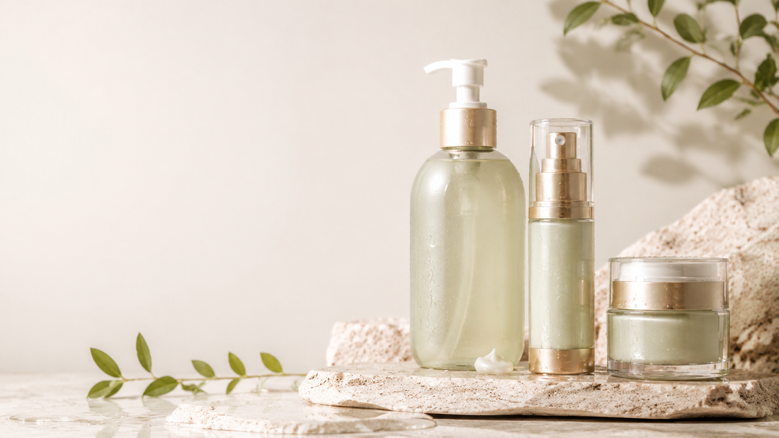 Coordinated cleanser, treatment serum, and moisturizer arranged as a three-product skincare routine.
