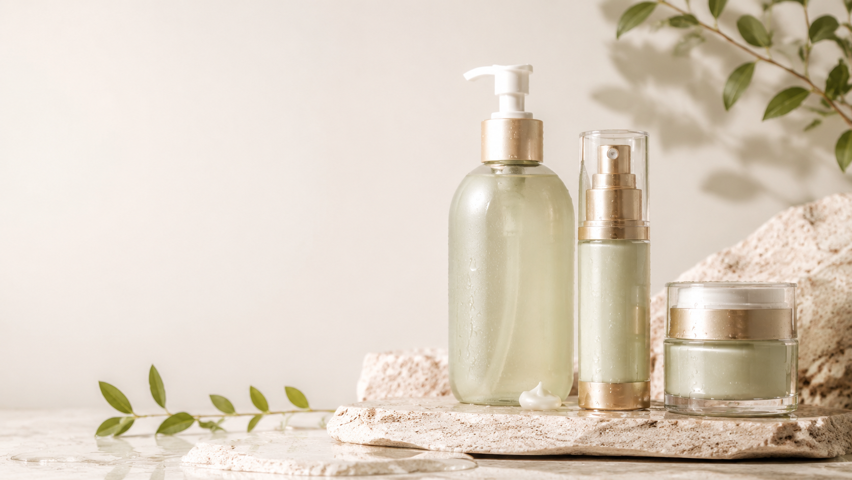 Coordinated cleanser, treatment serum, and moisturizer arranged as a three-product skincare routine.