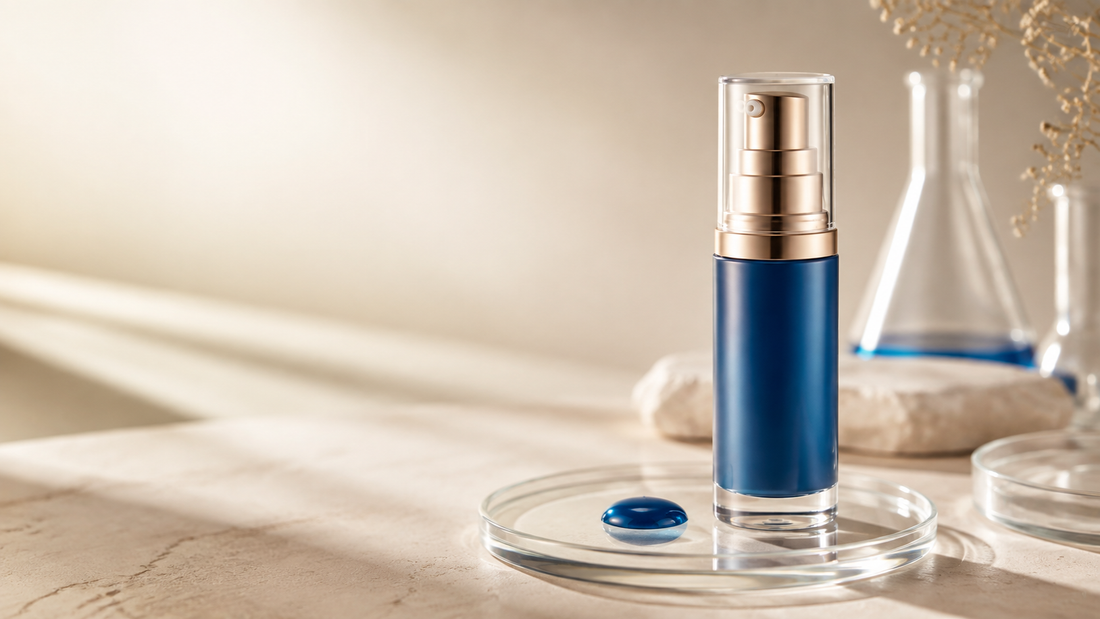Blue copper-peptide serum displayed in a refined cosmetic laboratory setting.