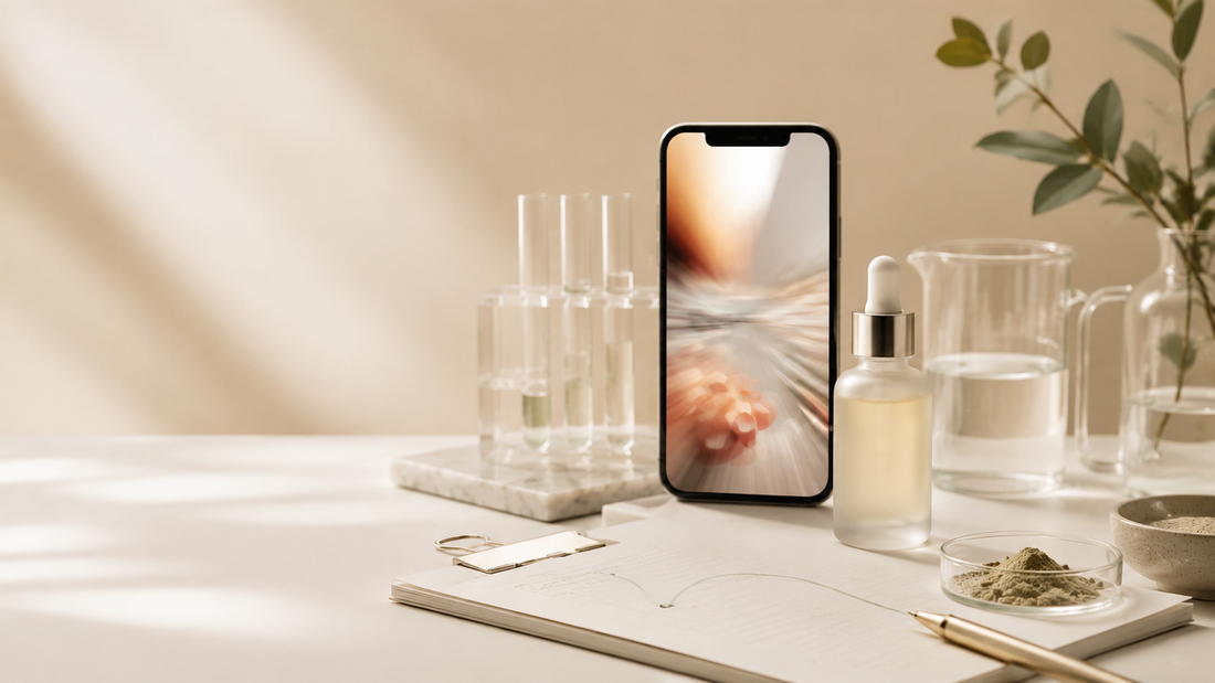 Smartphone representing viral skincare attention beside a structured formulation workspace.