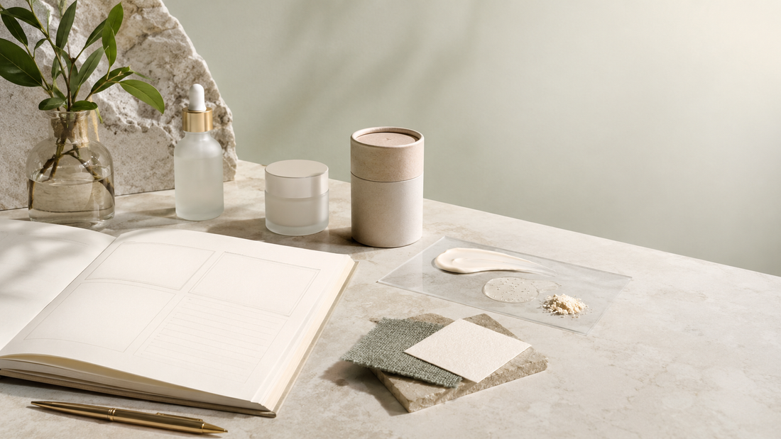 Skincare product brief displayed beside formula samples and an unbranded package prototype.