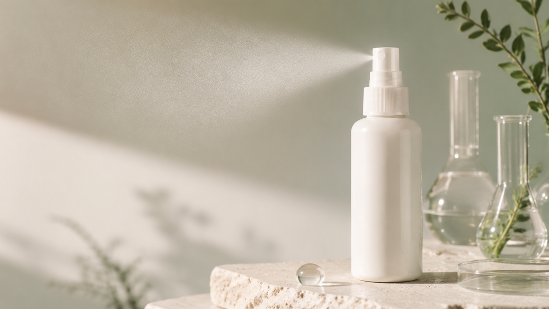Opaque hypochlorous acid face-mist bottle shown in a refined laboratory setting.