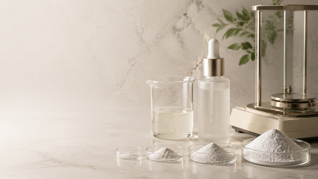 Niacinamide serum concept beside measured ingredient samples and laboratory equipment.
