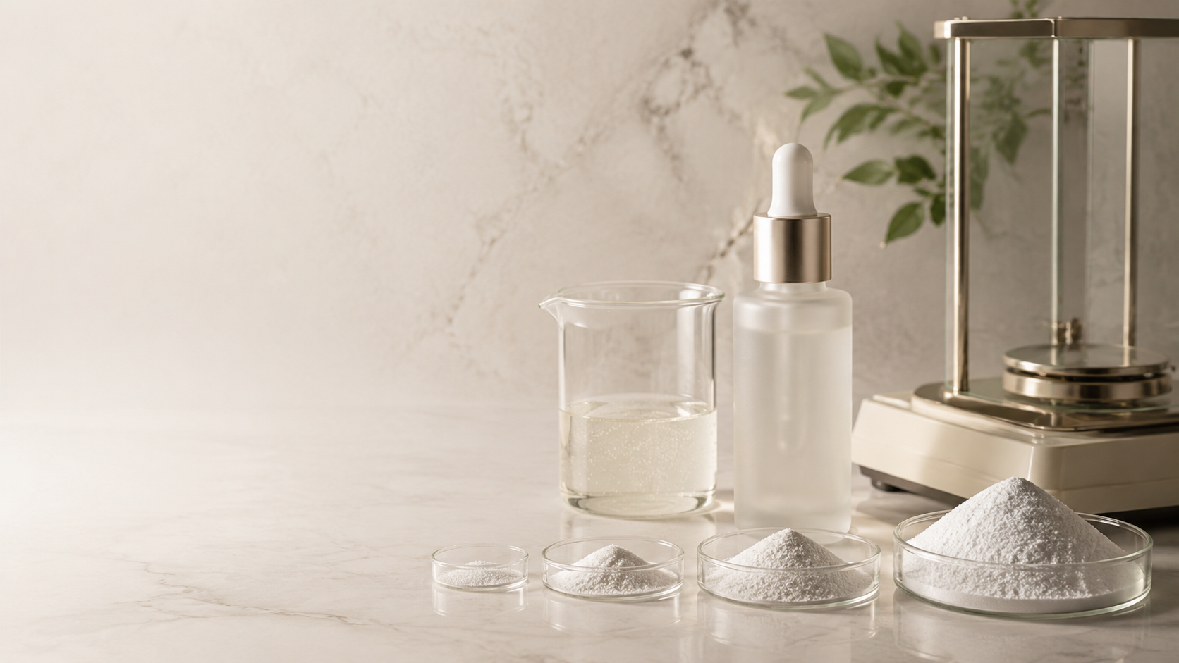 Niacinamide serum concept beside measured ingredient samples and laboratory equipment.