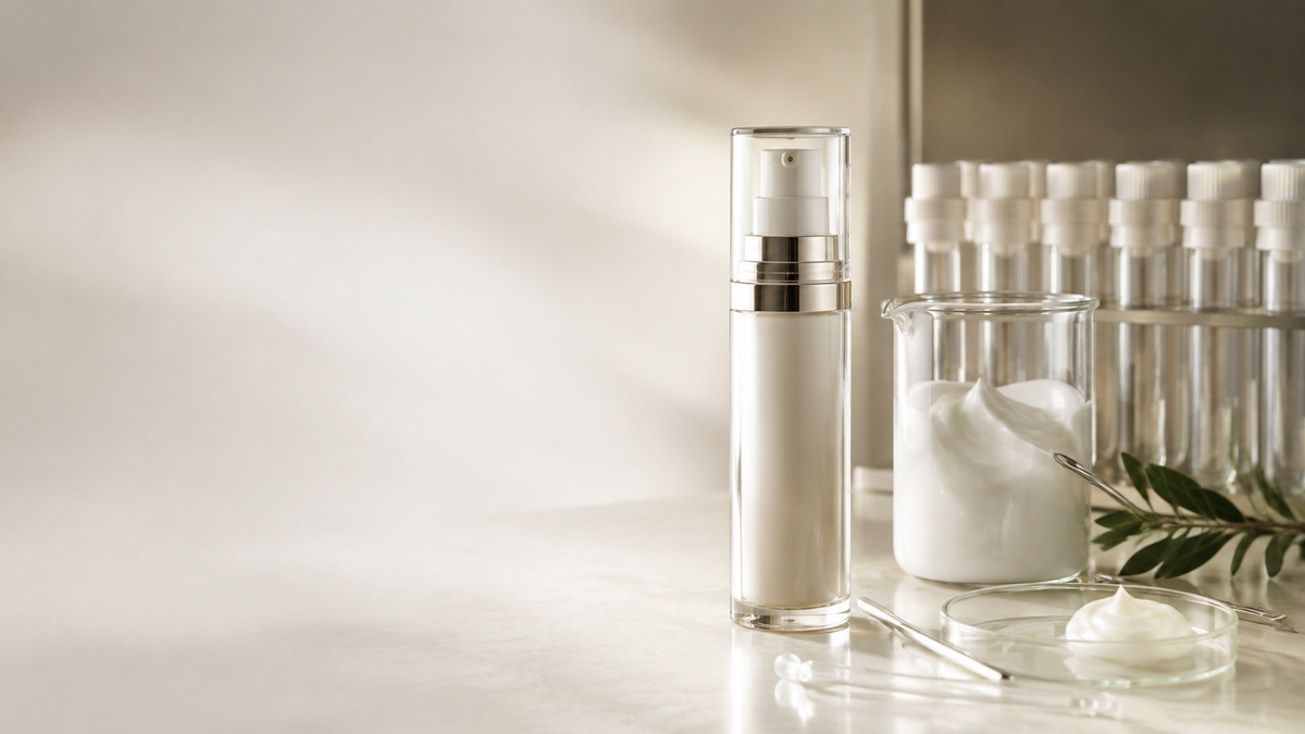 Airless skincare bottle and cream formula beside laboratory testing materials.