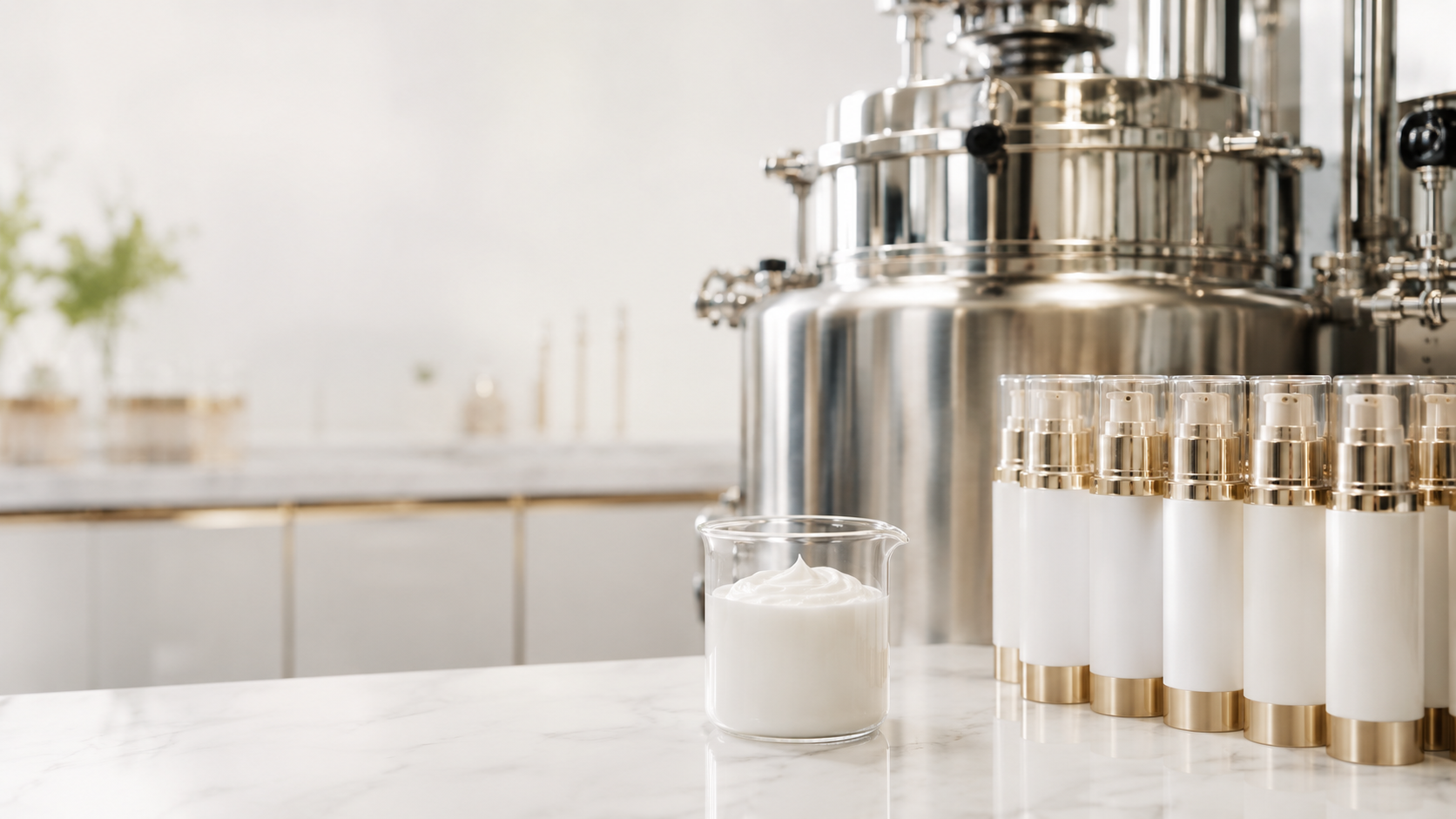 Laboratory cream sample aligned with a production mixing vessel and finished skincare bottles.