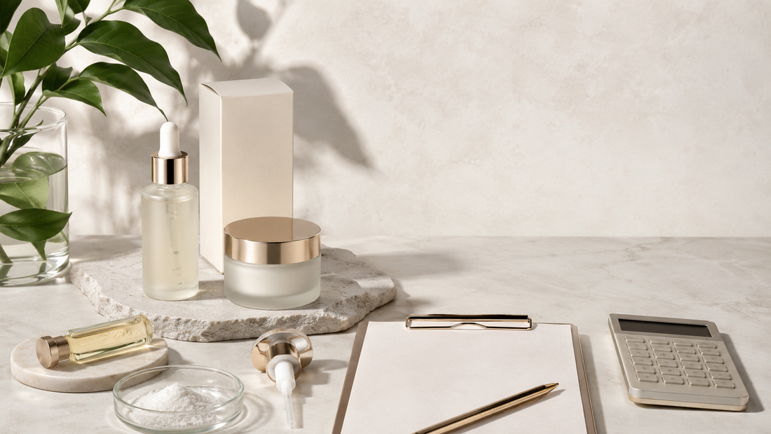Skincare formula, packaging, and cost-planning materials arranged together.
