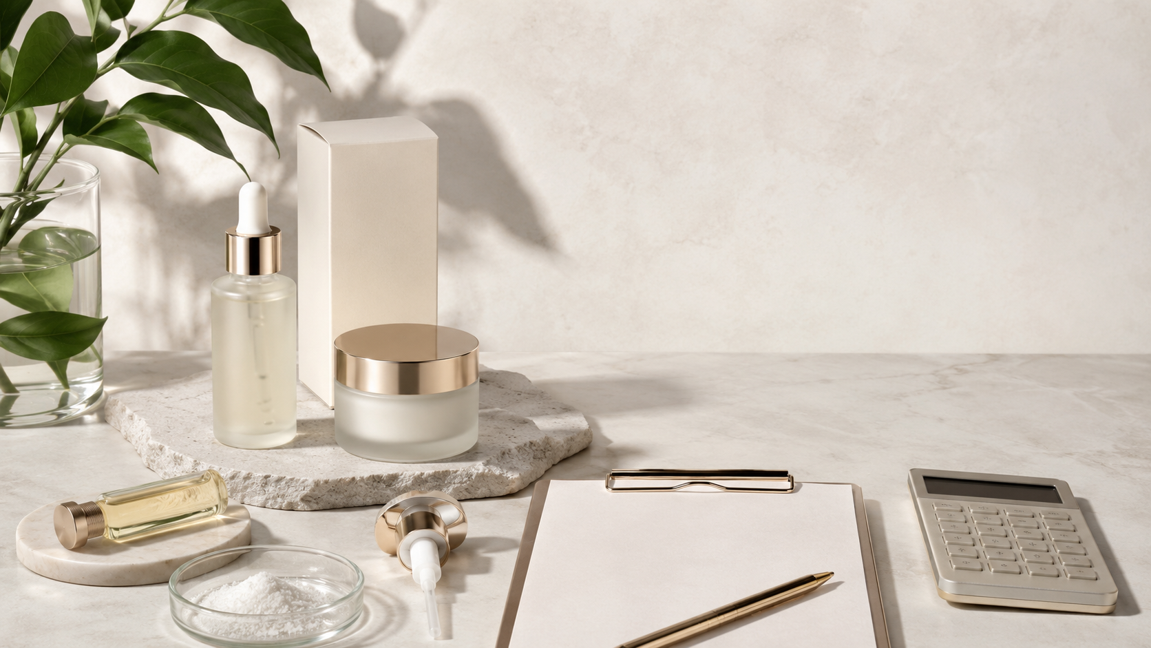 Skincare formula, packaging, and cost-planning materials arranged together.
